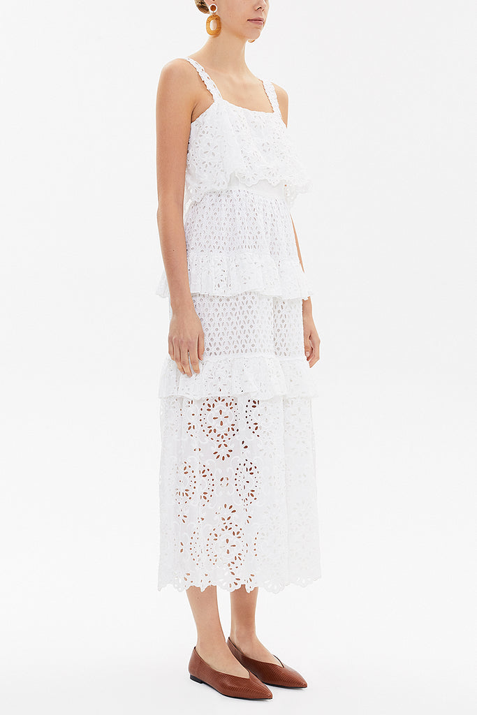 White Brode and ruffled, sleeveless midi dress 92824