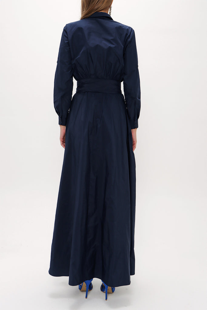 Navy Blue Pleated maxi taffeta shirt dress 94354