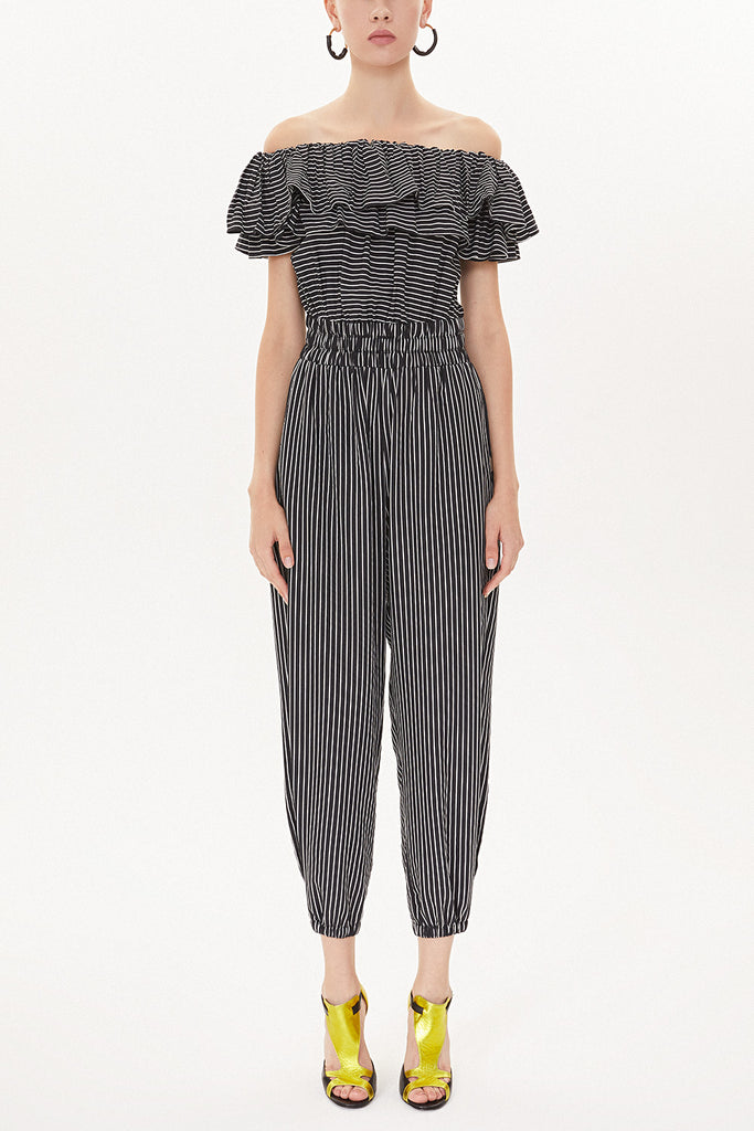 Black White Striped Ruffled Top Elastic Waist Jumpsuit 10108