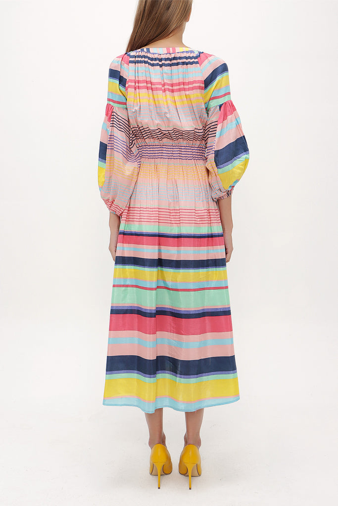 Striped Elastic balloon sleeve maxi dress 92718