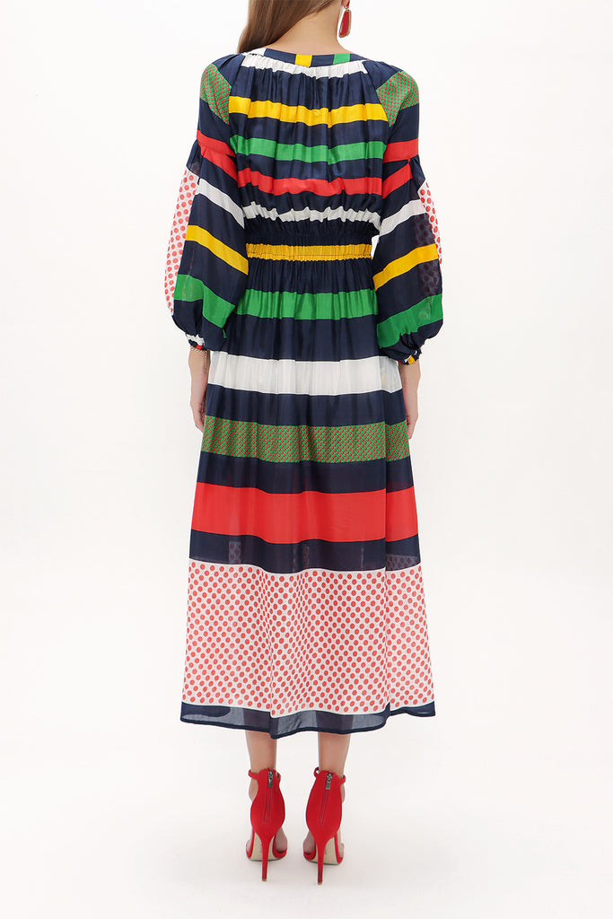 Navy Blue Elastic balloon sleeve maxi dress 92718