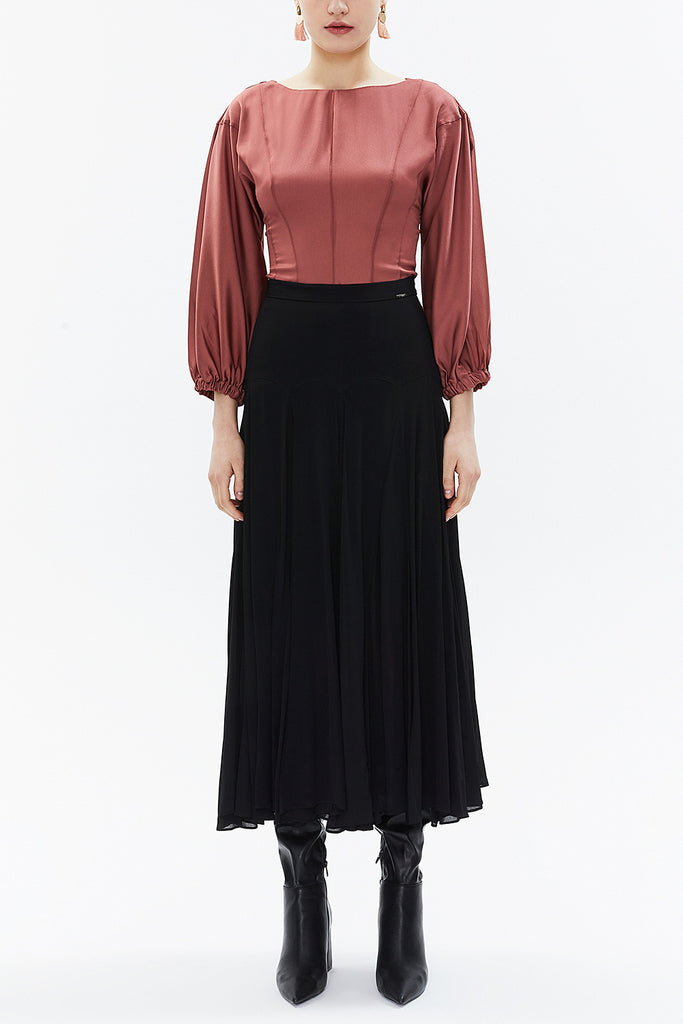 Black High waist godet midi skirt  81113