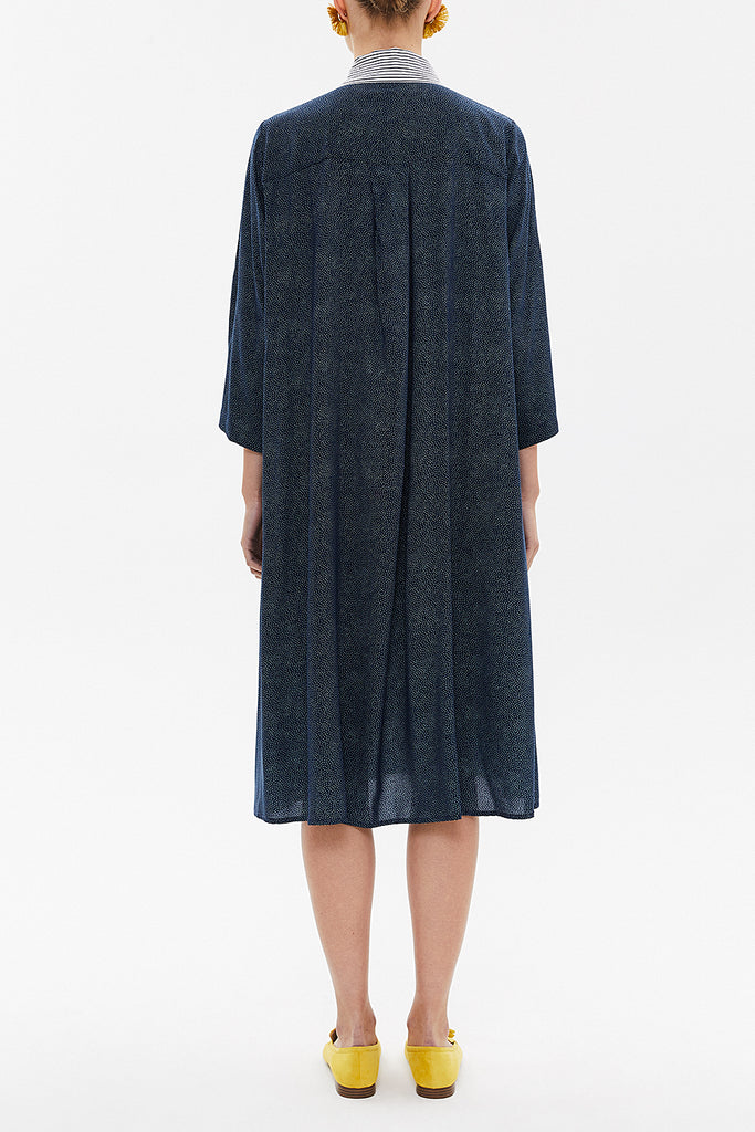 Navy Blue Lace-up neck wide cut midi dress 92816