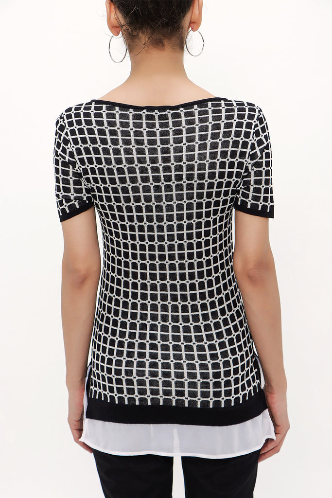 Black White Wide collar  short sleeved tricot  blouse 28660