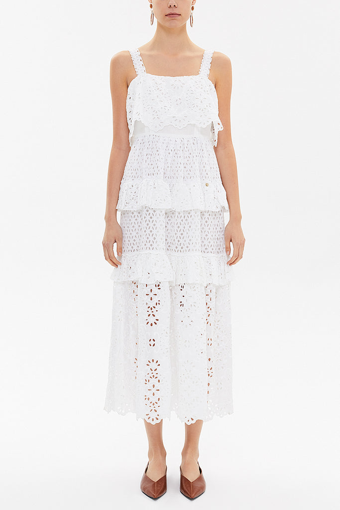 White Brode and ruffled, sleeveless midi dress 92824