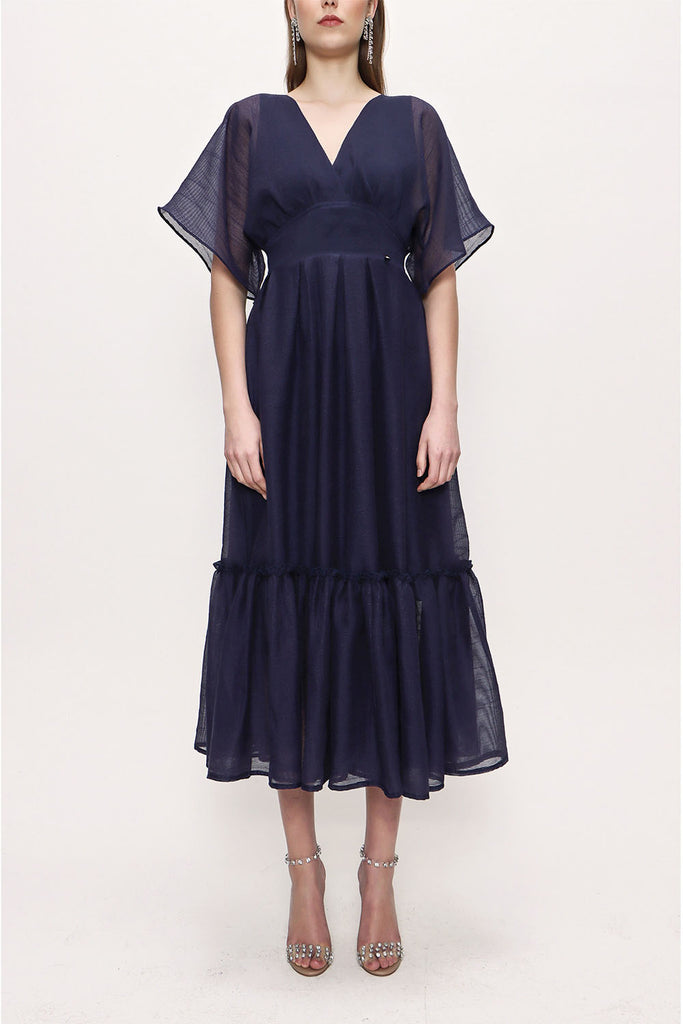 Blue V neck pleated dress 93128