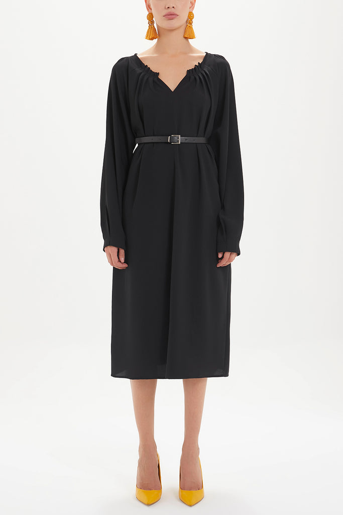 Kadın Büzgülü Ve Kemerli Bol Kesim Elbise Siyah 92488 M18191092488101