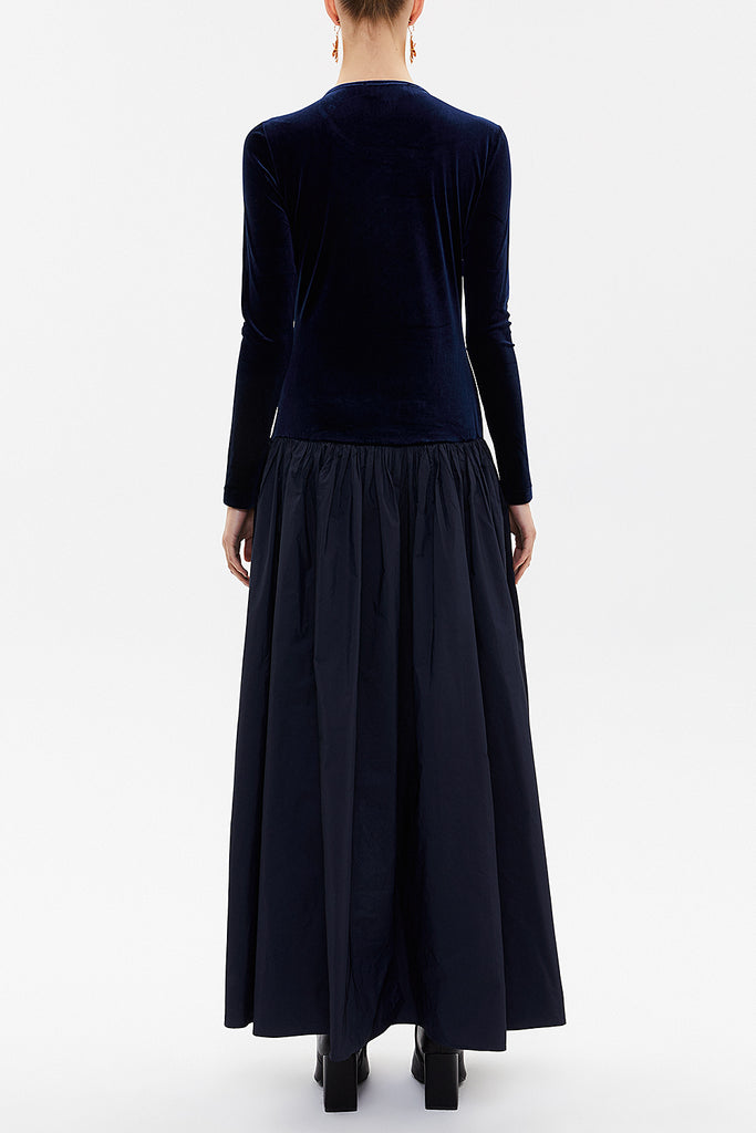 Navy Blue Embroidered  velvet  detail  maxi  dress  92148