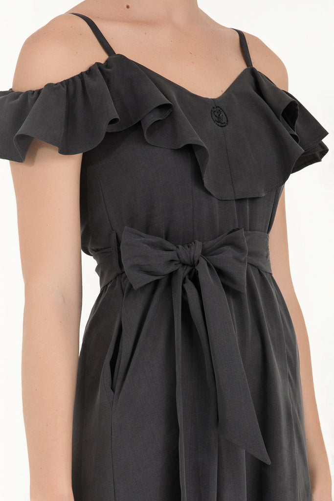 Valon Düşük Omuz Elbise Füme 92318