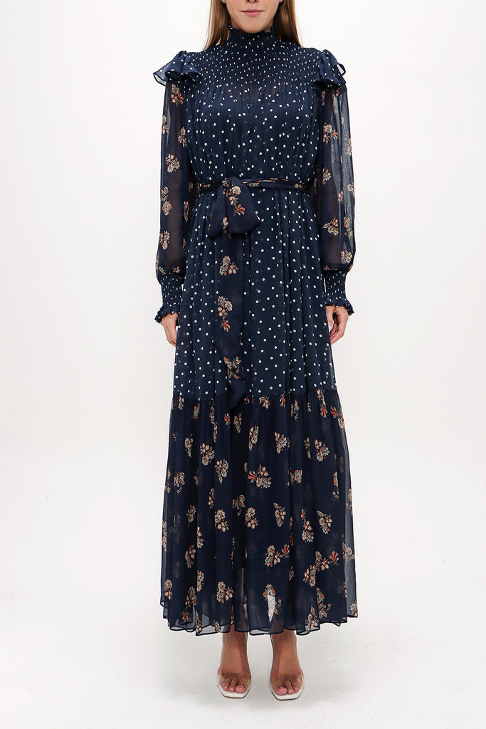 Navy Blue Elastic yarn wide cut Pleated dress 93738