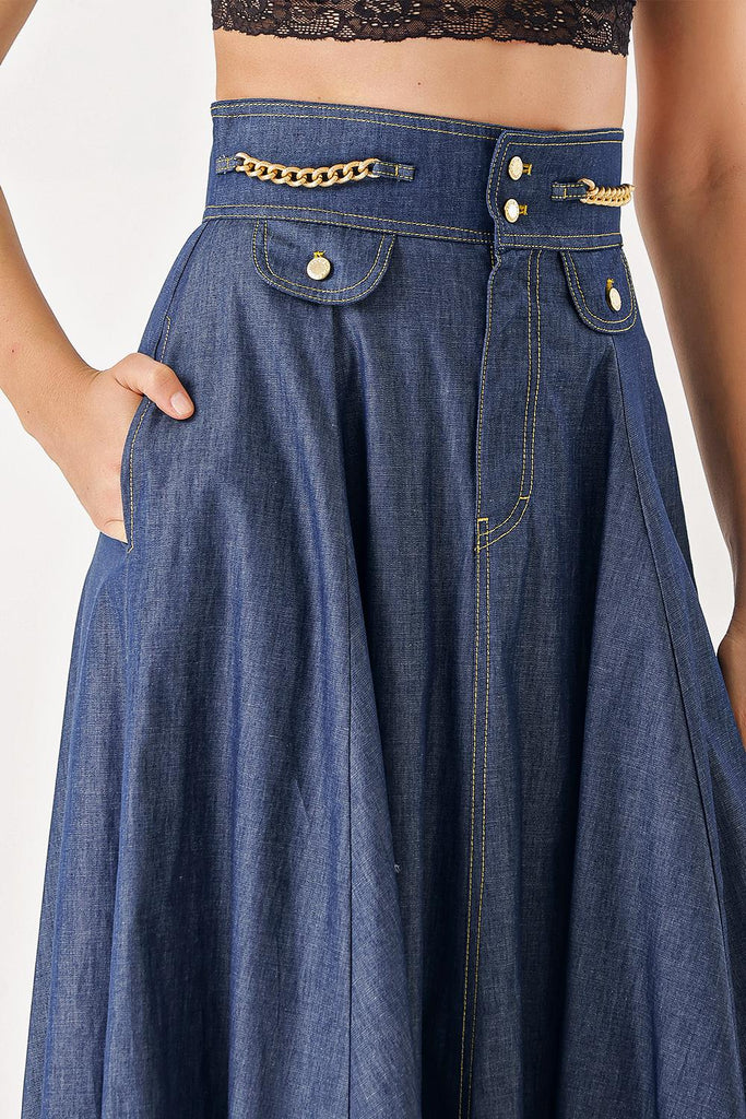 Navy Blue Midi denim skirt with chain detail 81283