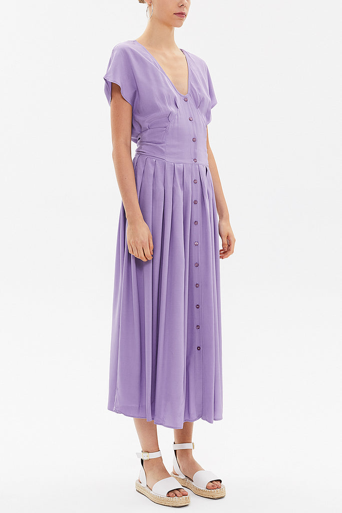 Lilac V-neck waist tie midi dress 92409