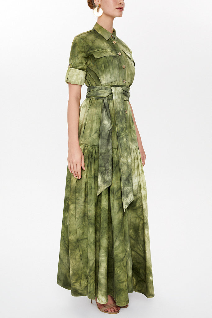 Khaki Pleated gabardine maxi dress 92515