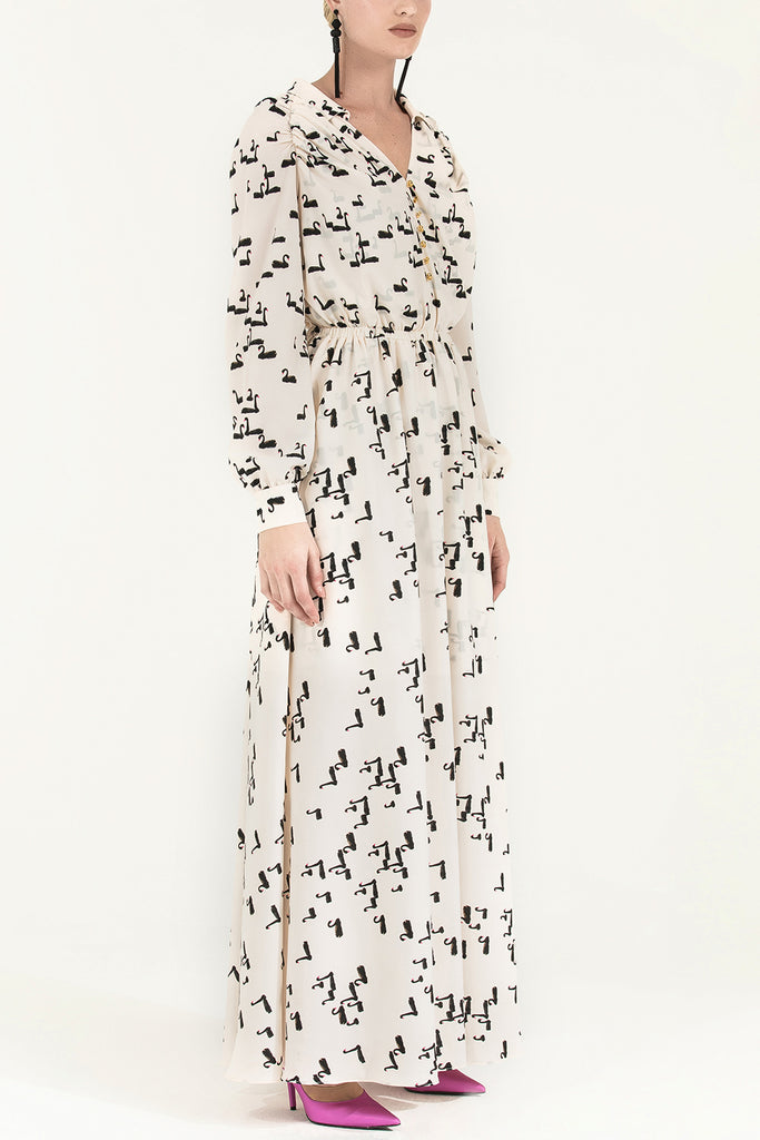 Omuzları Büzgülü Düğmeli Uzun Desenli Elbise  92251