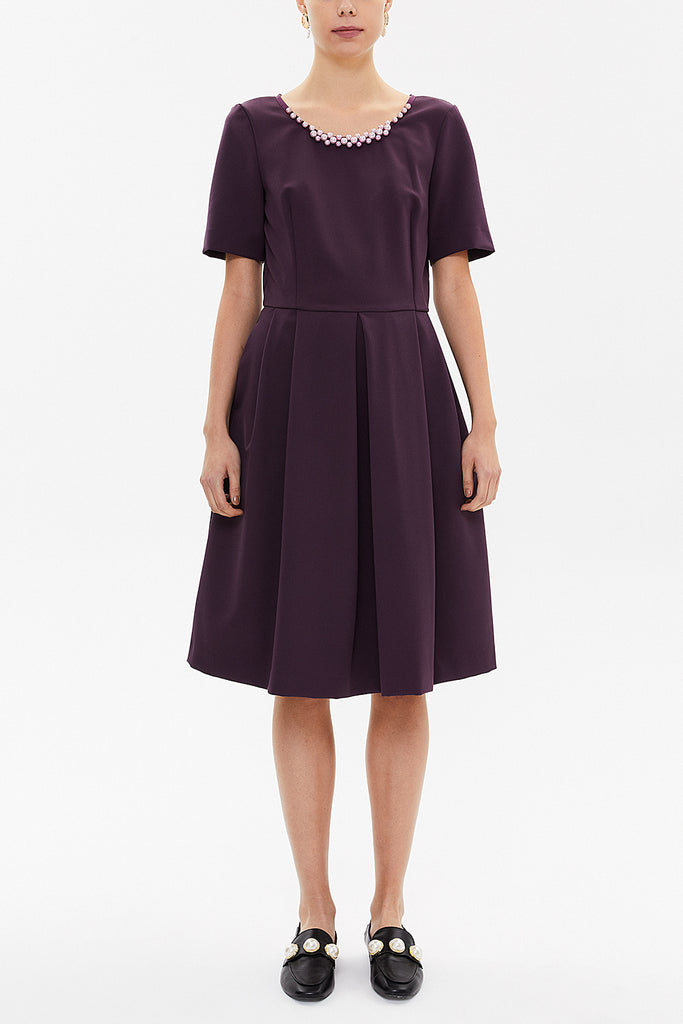 Purple Pearl neck detail  Pleated  midi dress  92207
