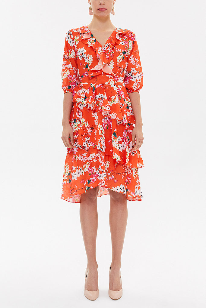 Orange Asymmetric V-neck midi dress 92268