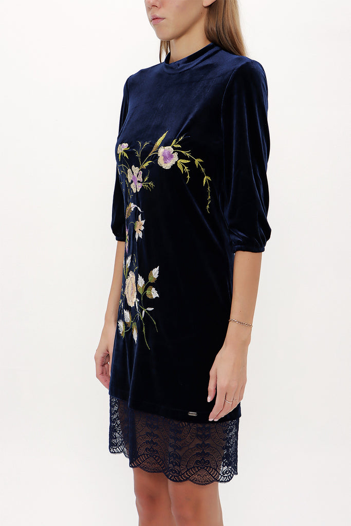 Navy Blue Embroidered velvet mini dress 92140