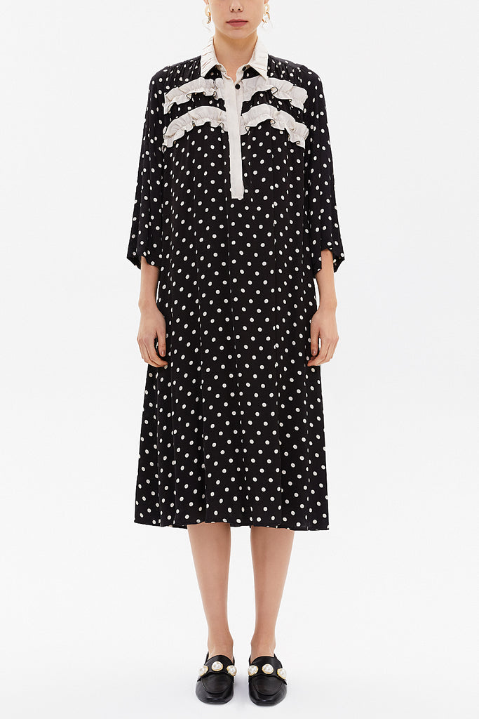 Black Button ruffle ribbon wide cut midi dress 92806