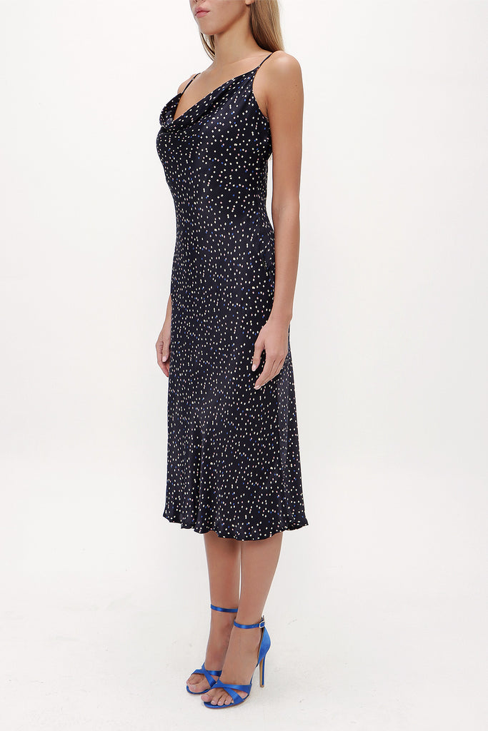 Navy Blue Degage collar spaghetti straps midi dress 92844