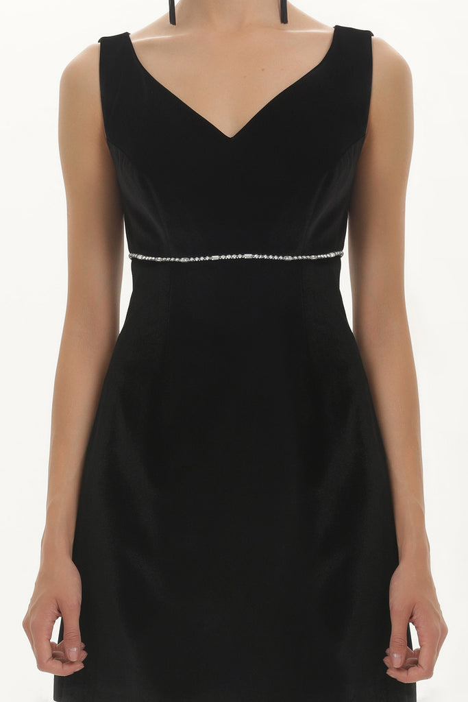 Black Gem-embellished waist, V neck velvet mini dress 91522