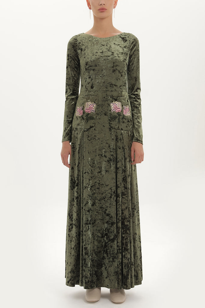 Green Embroidered velvet maxi dress 92135
