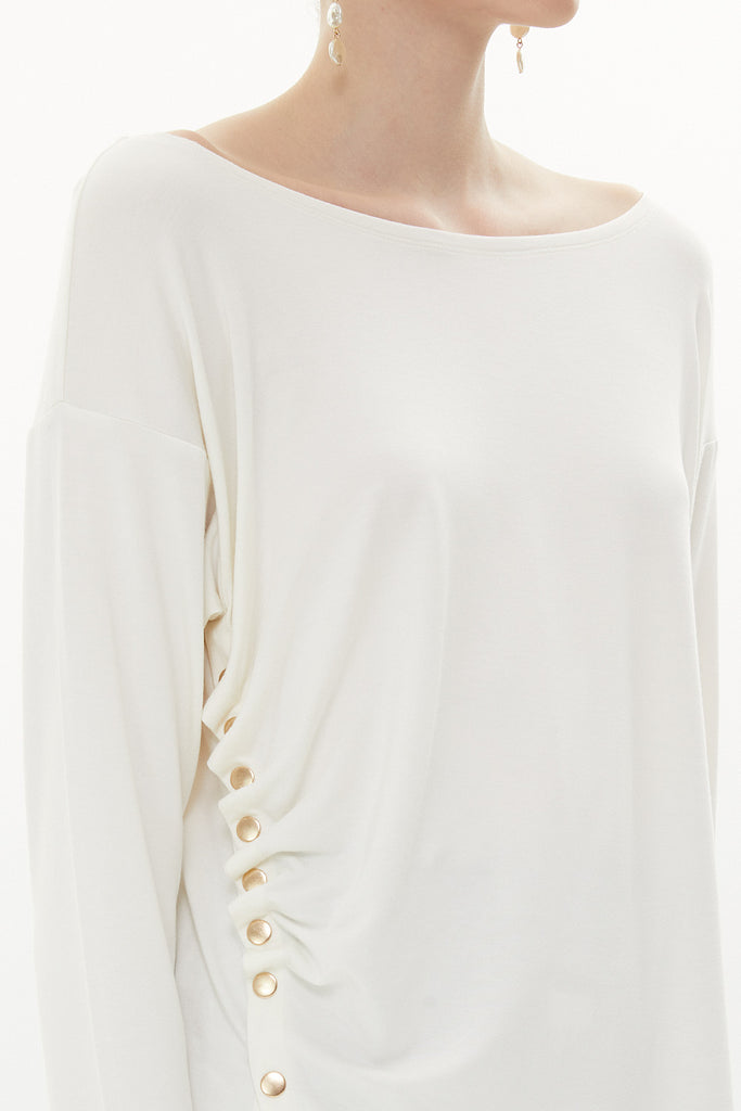 White Asymmetric snap fastener detail blouse 19818