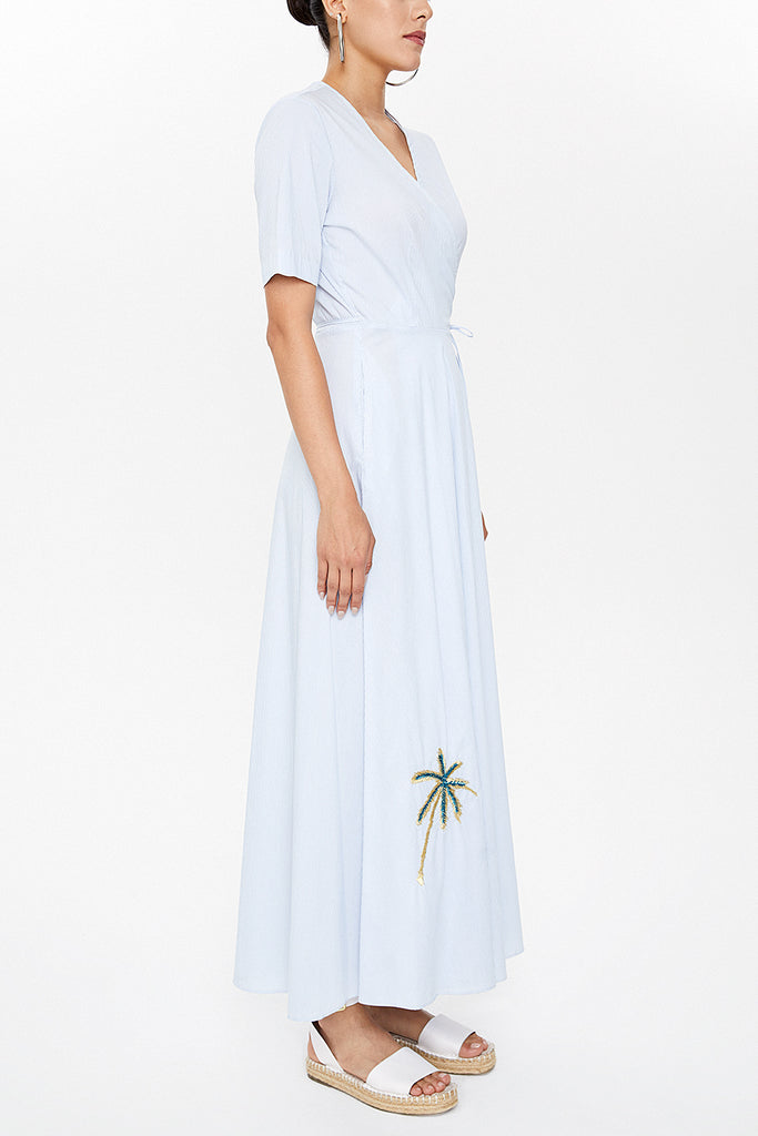 Blue Wrap-over tie embroidered maxi dress 92901