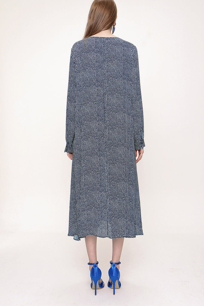 Navy Blue Ecru Pleated neck wide cut dress 93720