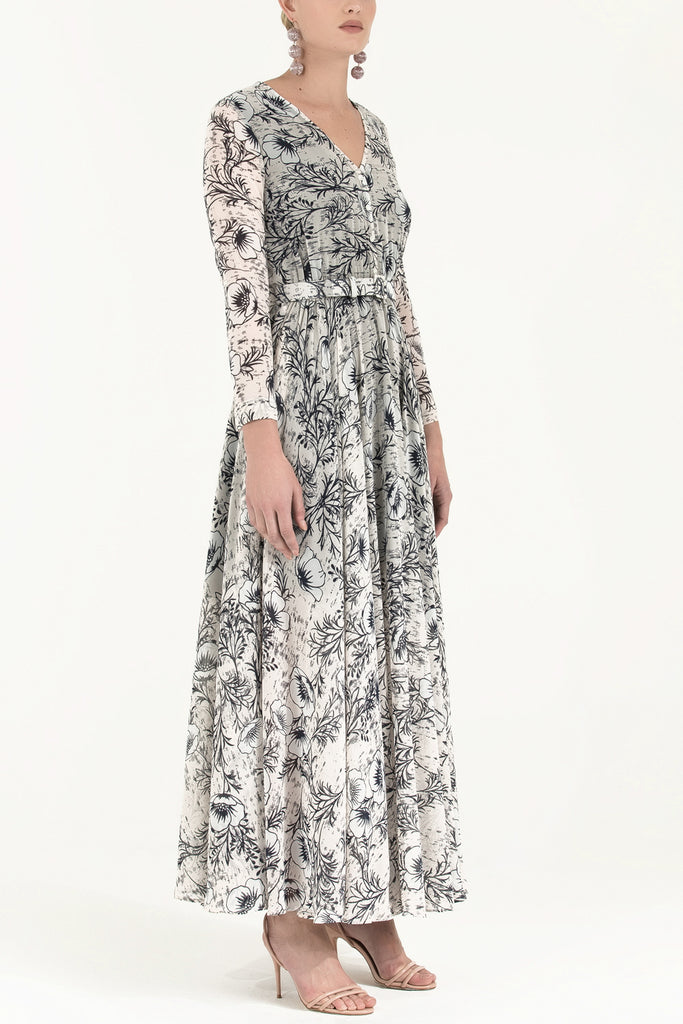 V Yaka Kemerli Şifon Elbise Desenli