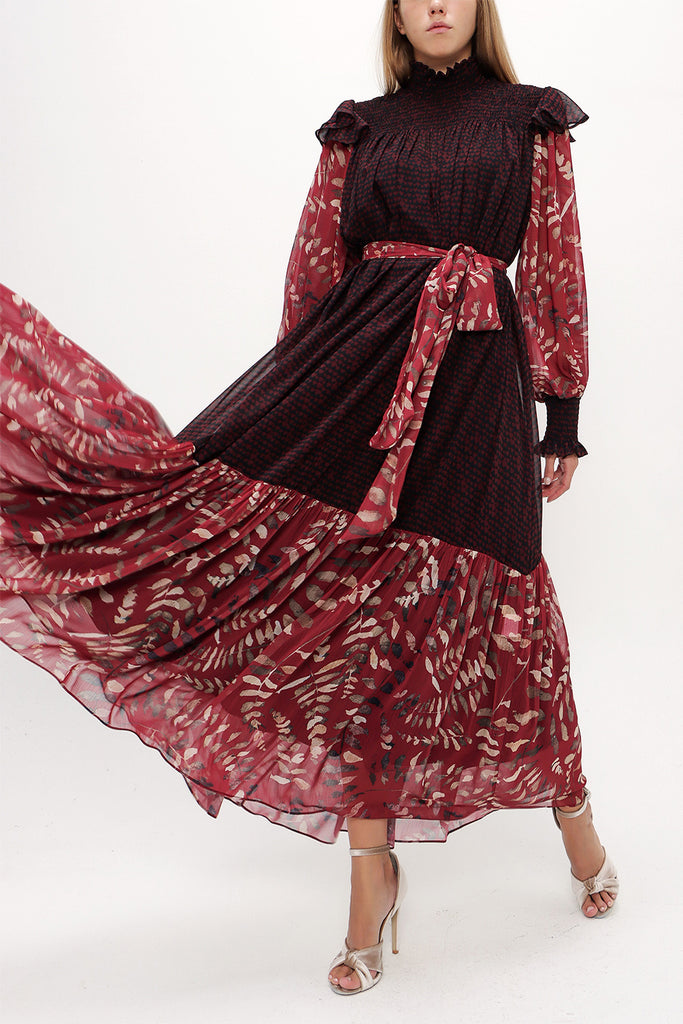 Red Elastic yarn wide cut Pleated dress 93738