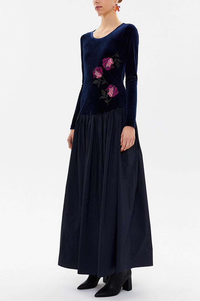 Navy Blue Embroidered  velvet  detail  maxi  dress  92148
