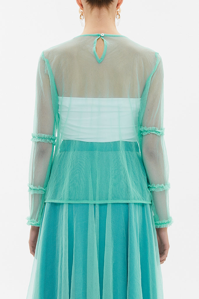 Green Pleated sleeve tulle blouse  19657