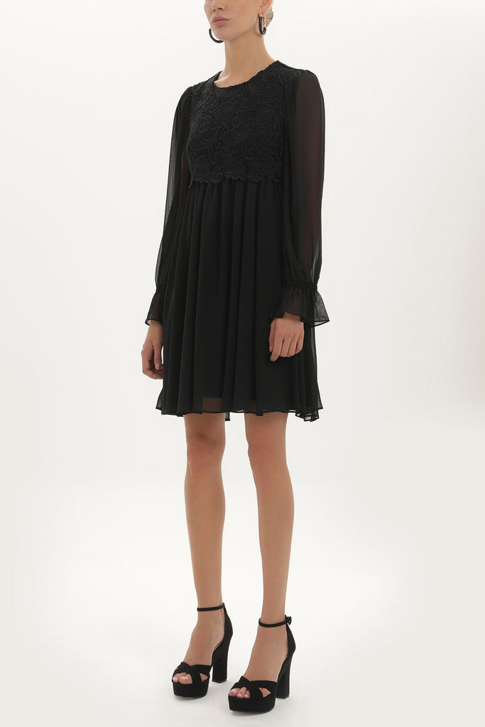 Black Lace detail gathered mini dress 91744