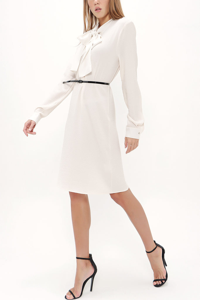 Ecru Crepe mini dress with bowtie on the neck 91355