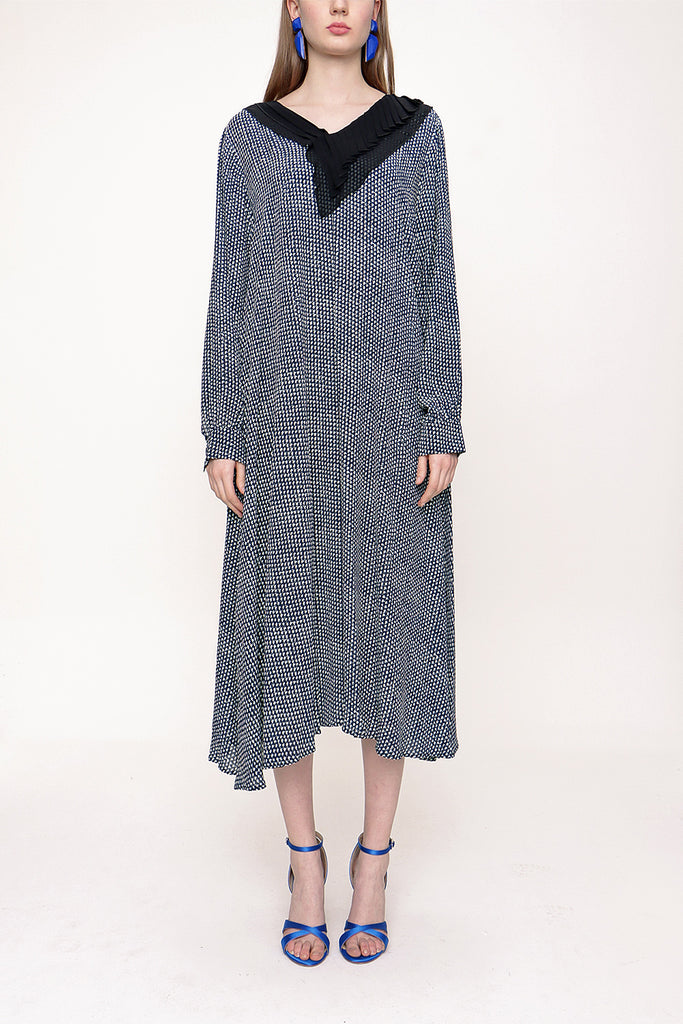 Navy Blue Ecru Pleated neck wide cut dress 93720