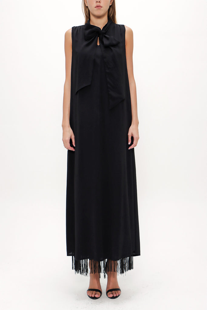 Black Sleeveless slit maxi dress with tassels 92698