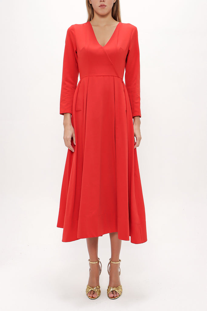 Red Belted V-neck midi dress 92545