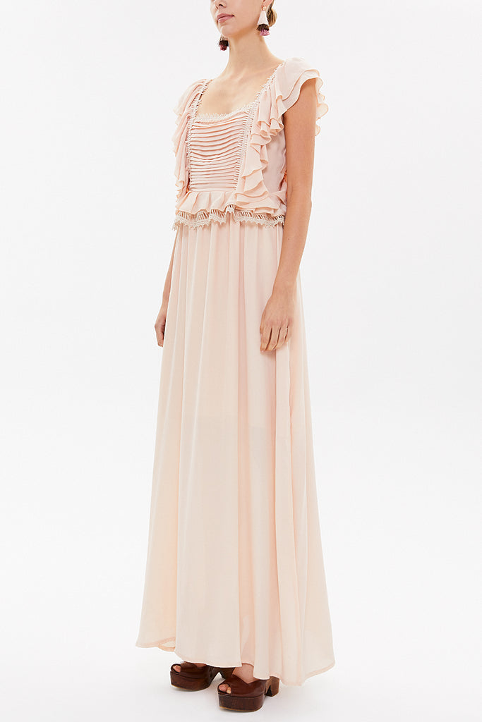 Beige Laced and ruffled maxi dress 92328