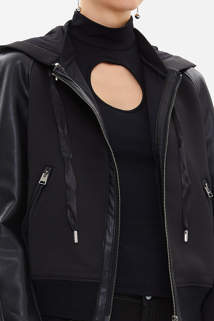 Black Leather mixed jacket with zip detail 60957