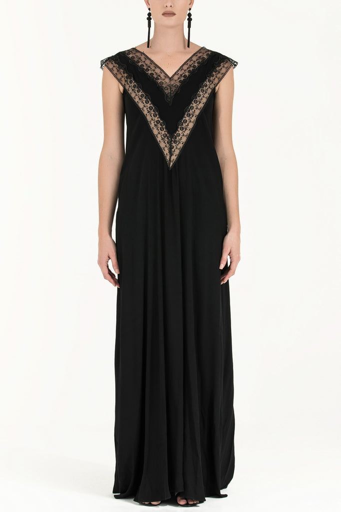 V Yaka Datelli Uzun Elbise Siyah 92254