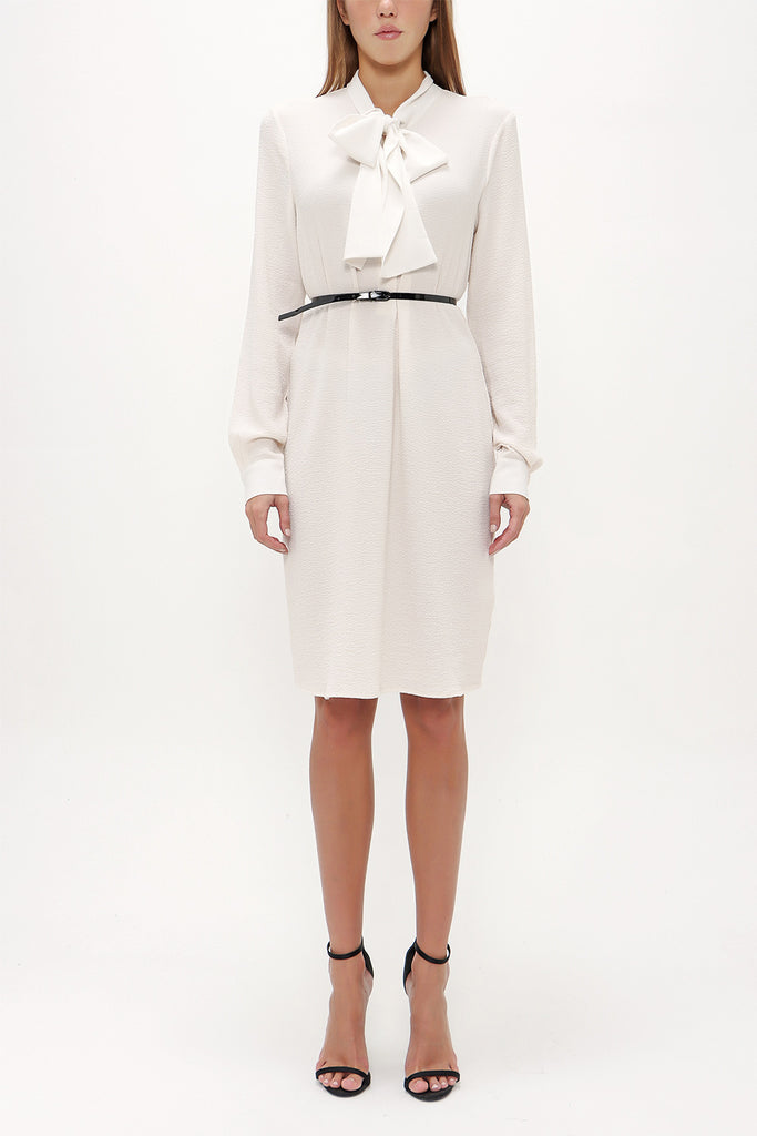 Ecru Crepe mini dress with bowtie on the neck 91355