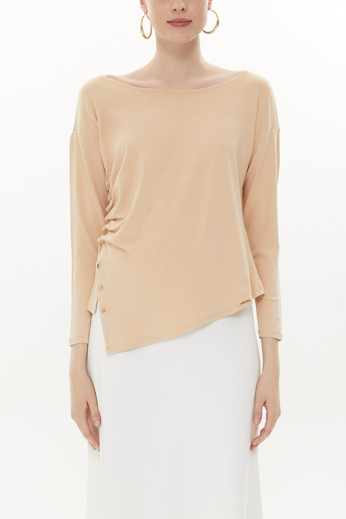 Beige Asymmetric snap fastener detail blouse 19818