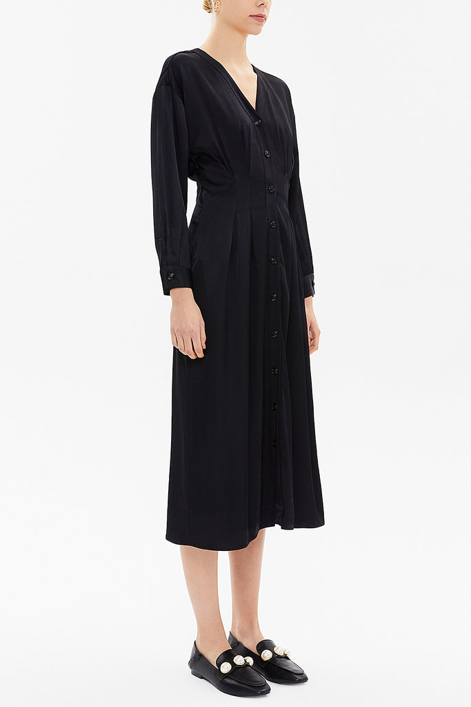 Black Off shoulder V neck button midi dress 92613