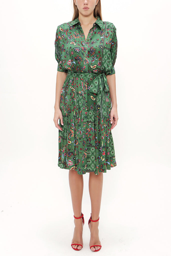 Green Balloon sleeve, gathered midi dress 92724