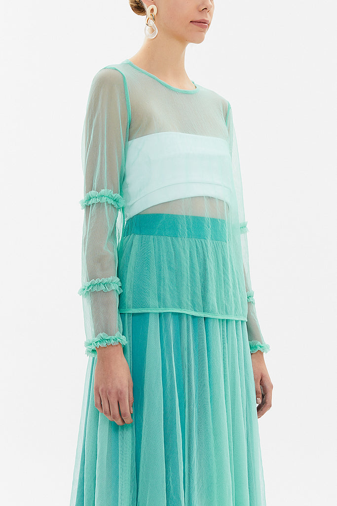 Green Pleated sleeve tulle blouse  19657