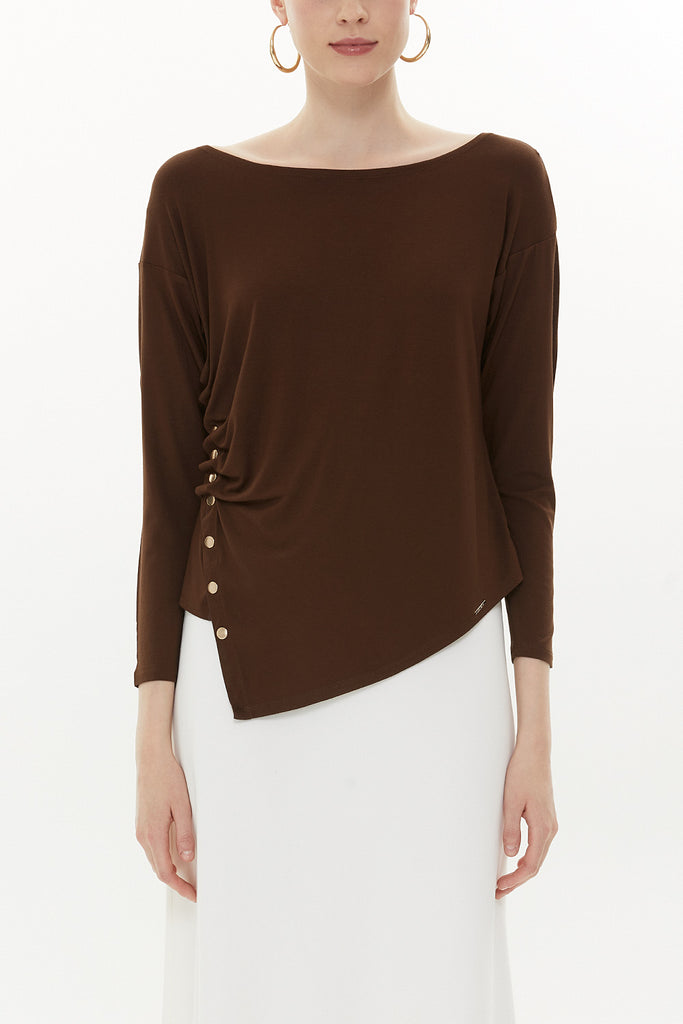 Brown Asymmetric snap fastener detail blouse 19818