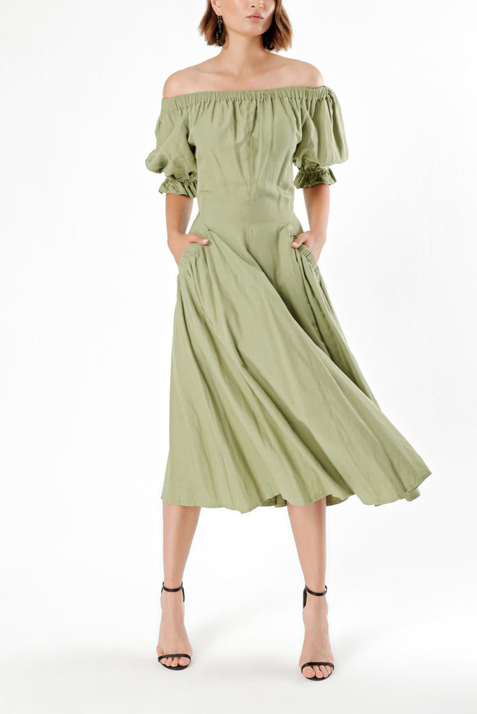 Green Off shoulder  elastic  linen dress  93569