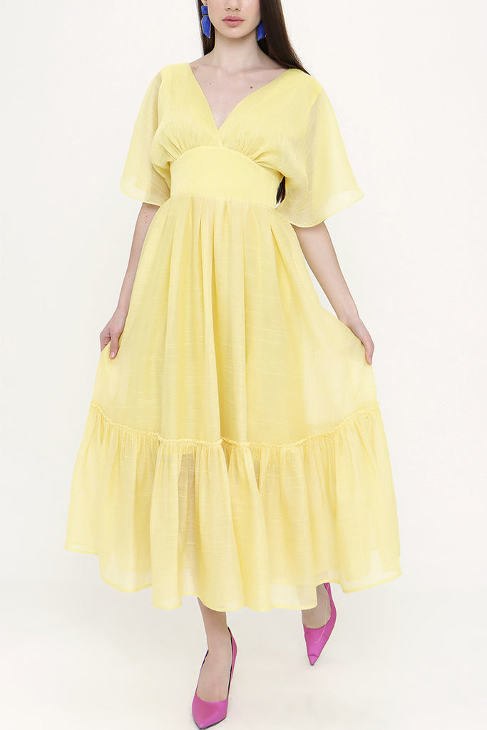 Yellow V neck pleated dress 93128
