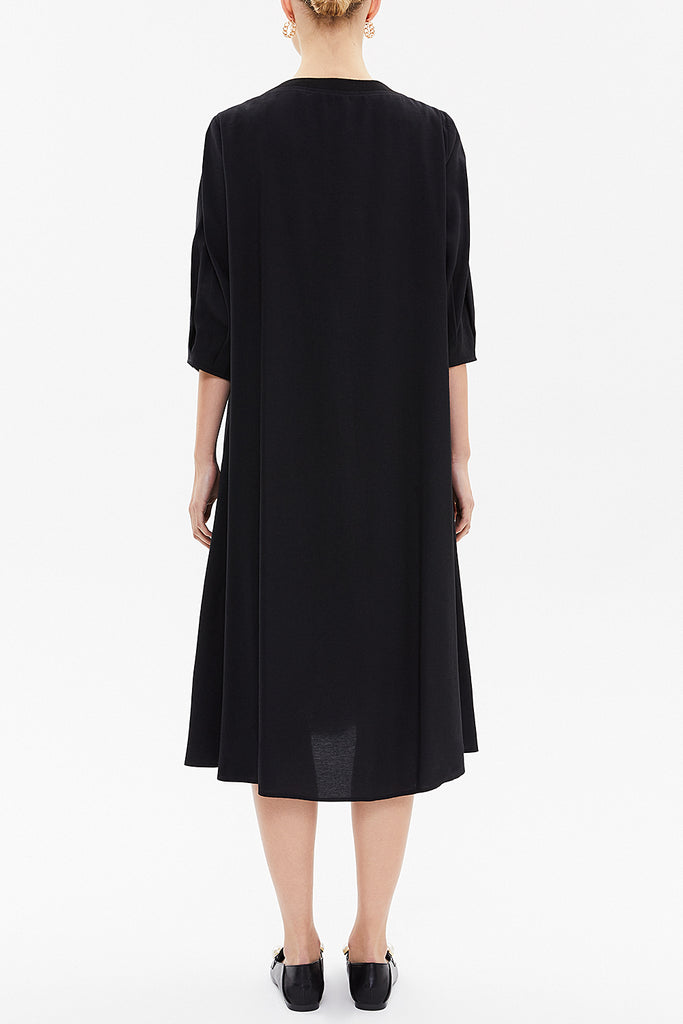 Black Contrast colour combined wide cut midi dress 92803