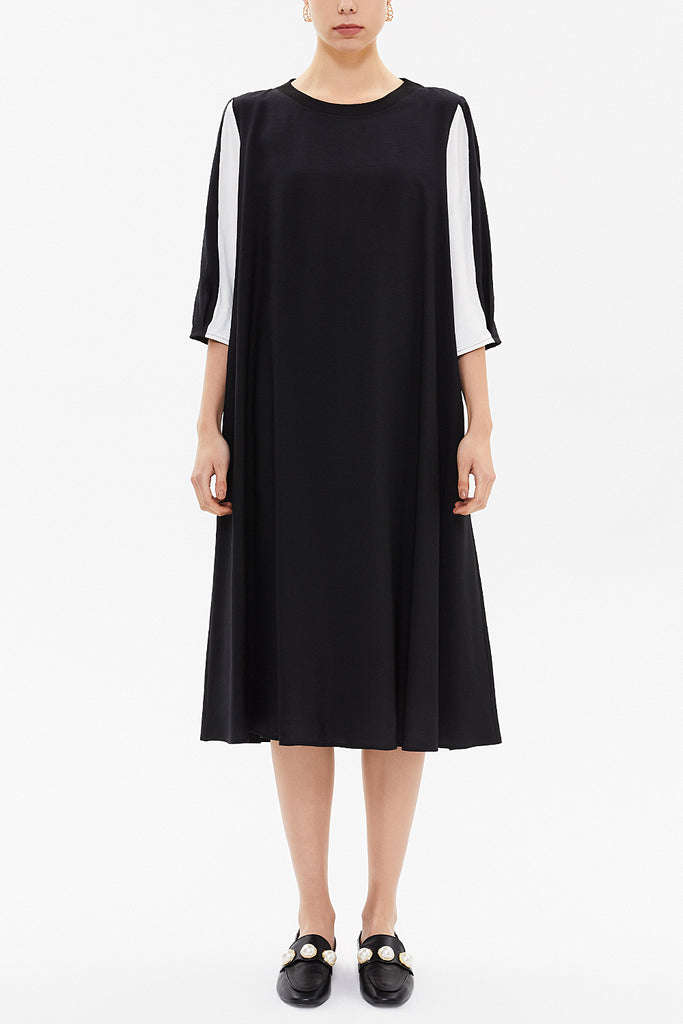 Black Contrast colour combined wide cut midi dress 92803